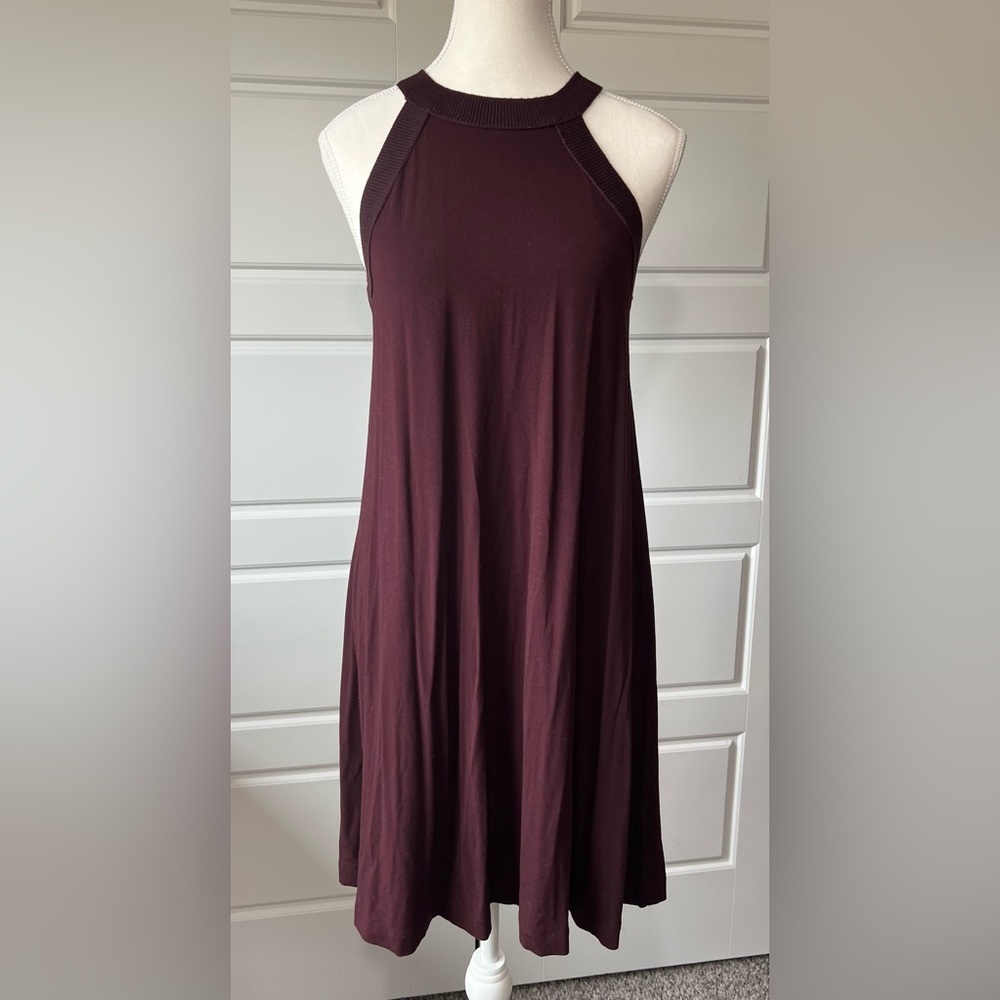 Loft Sleeveless‎ Swing Dress Burgundy Ribbed Neckline Casual Comfort Small